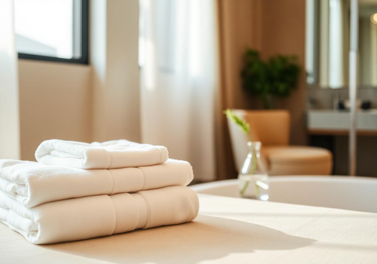 Intérieur premium avec serviettes blanches soigneusement pliées — ambiance hôtel haut de gamme