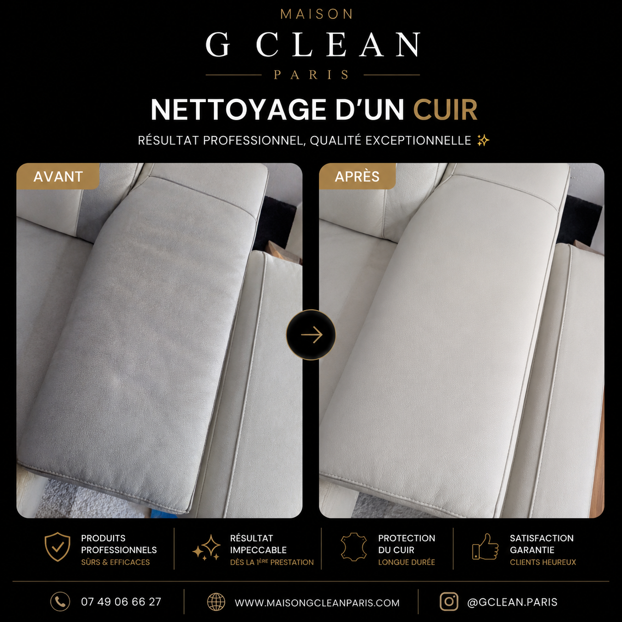 Canapé cuir nubuck — avant / après par Maison G Clean Paris à Saint-Cloud